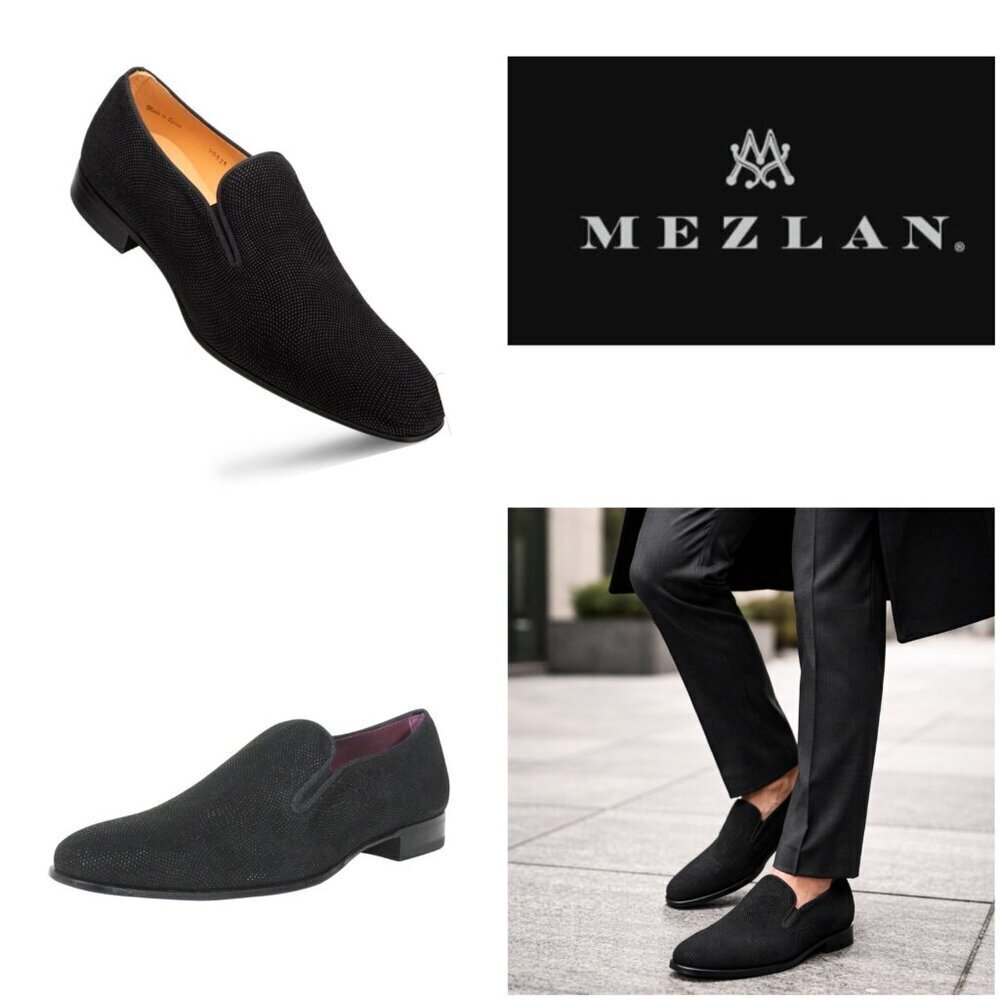 Mezlan Crespi Venetian Loafers Men’s 10M Black Glass Suede Slip-On Dress Shoes